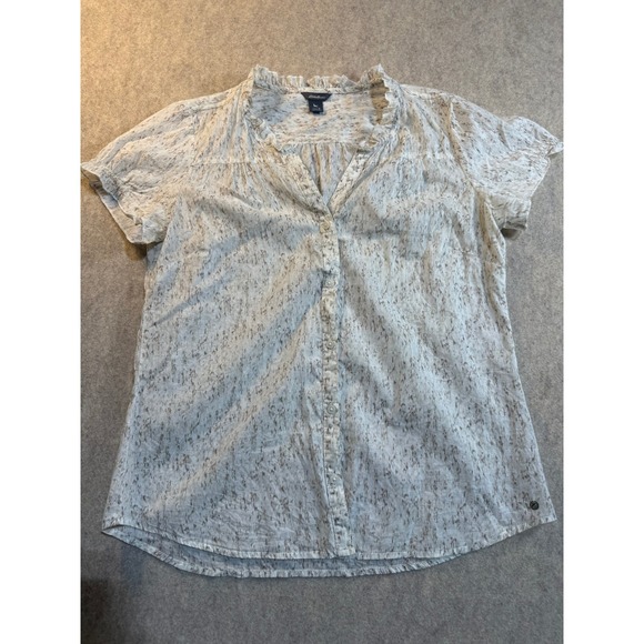 Eddie Bauer Tops - Eddie Bauer Womens Small Short Sleeve Button Up Shirt Ruffle Neck Abstract Print